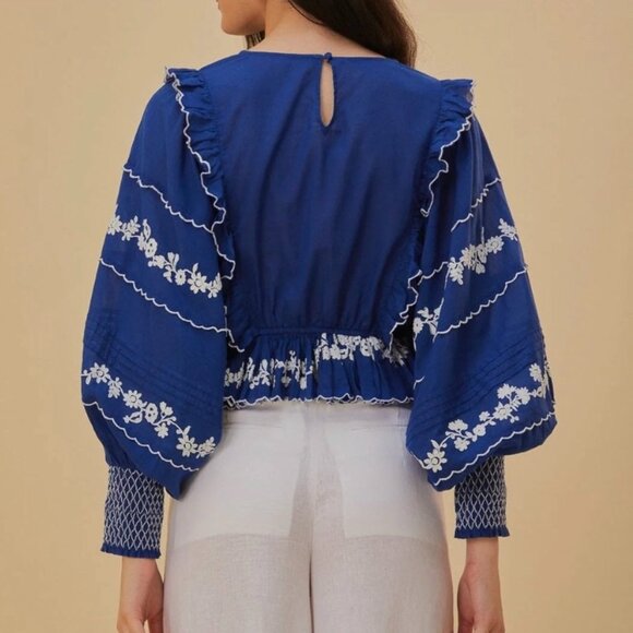 Farm Rio Blue Floral Embroidered Women's Top Size S Boho Peasant Colorful AS IS - Picture 2 of 13